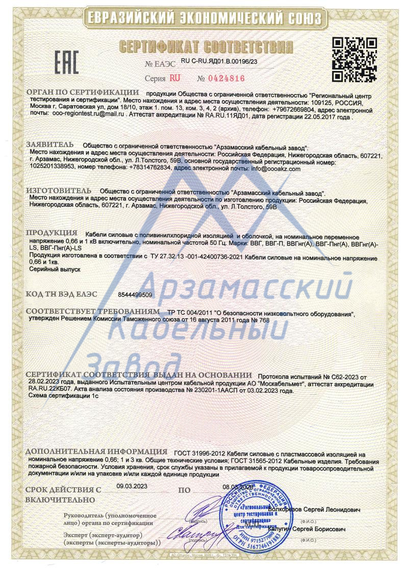 Сертификат ВВГнг(А) LS